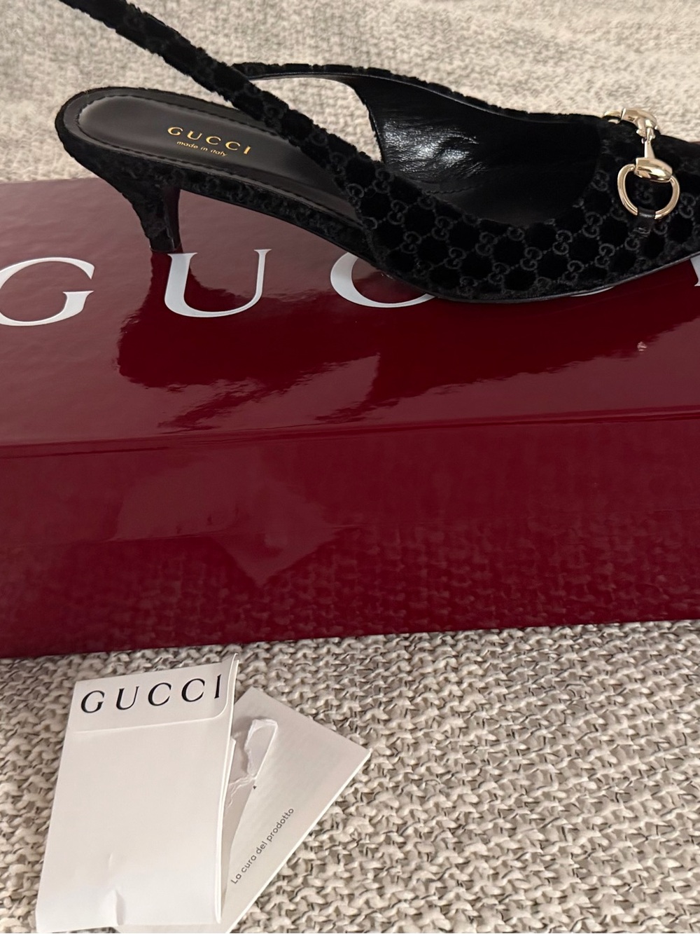 Gucci Black Velvet Slingback Heel with Gold Horsebit